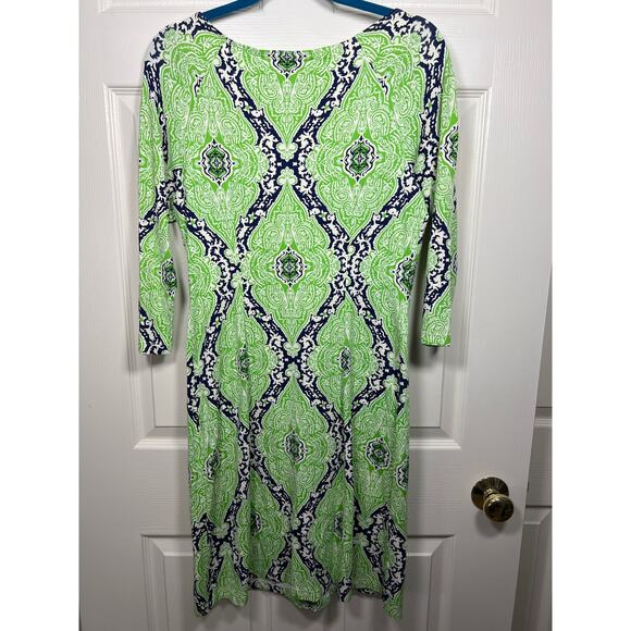 J. McLaughlin Green Blue Damask Boatneck Catalina Cloth Sheath Mari Dress Small - Picture 5 of 8